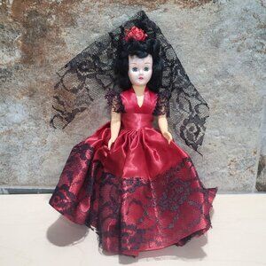 Spanish Lady Senorita Poseable Doll Eyes Open Close Red Dress Black Lace Trim Ve
